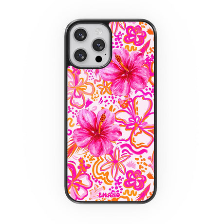 Coque iPhone Ibiza EMANO rose et orange avec fleurs d’hibiscus