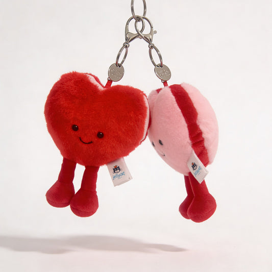 Porte-clés peluche cœur Jellycat rouge et rose avec anneau métallique