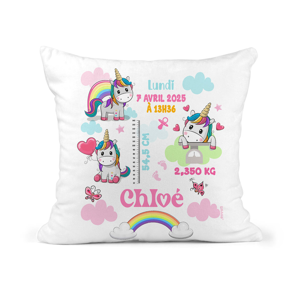 Coussin de naissance Luna la Licorne double face avec date de naissance, heure, taille et poids du bébé