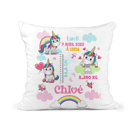 Coussin de naissance Luna la Licorne double face avec date de naissance, heure, taille et poids du bébé