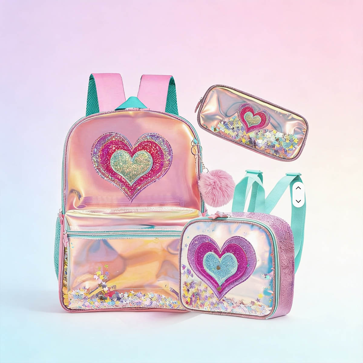 Ensemble sac enfant cœur holographique pastel avec trousse et sac goûter assortis