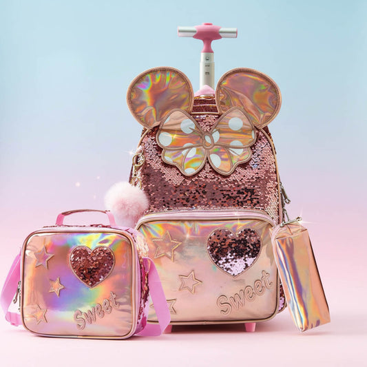 Cartable enfant à roulettes holographique rose avec trousse et sac goûter assortis