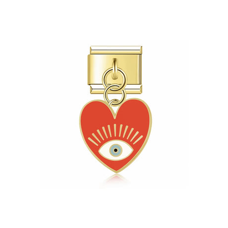 Charm Italien Mystic Heart – pendentif doré cœur rouge avec œil protecteur émaillé pour bracelet modulable | bijou fantaisie Emano NC.